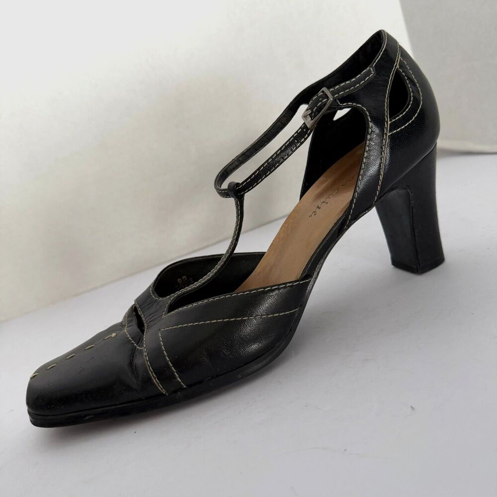Marquise, Black Genuine Leather Square Toe, T-Strap Heels, Contrast Stitching, 9